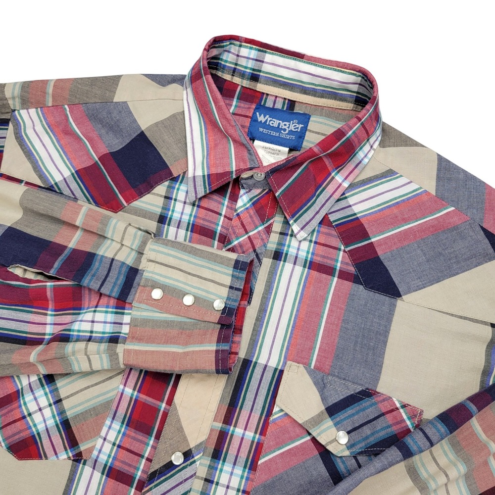 Wrangler Pearl Snap Shirt Men's XL Beige Plaid Western Long Sleeve